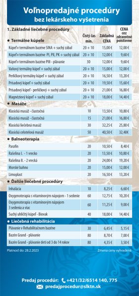 Cennik kupelnych procedur